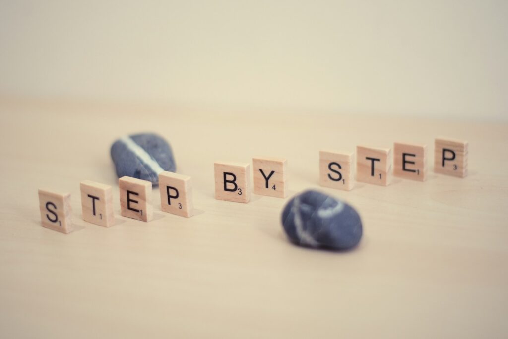 a group of small white and blue squares with black text